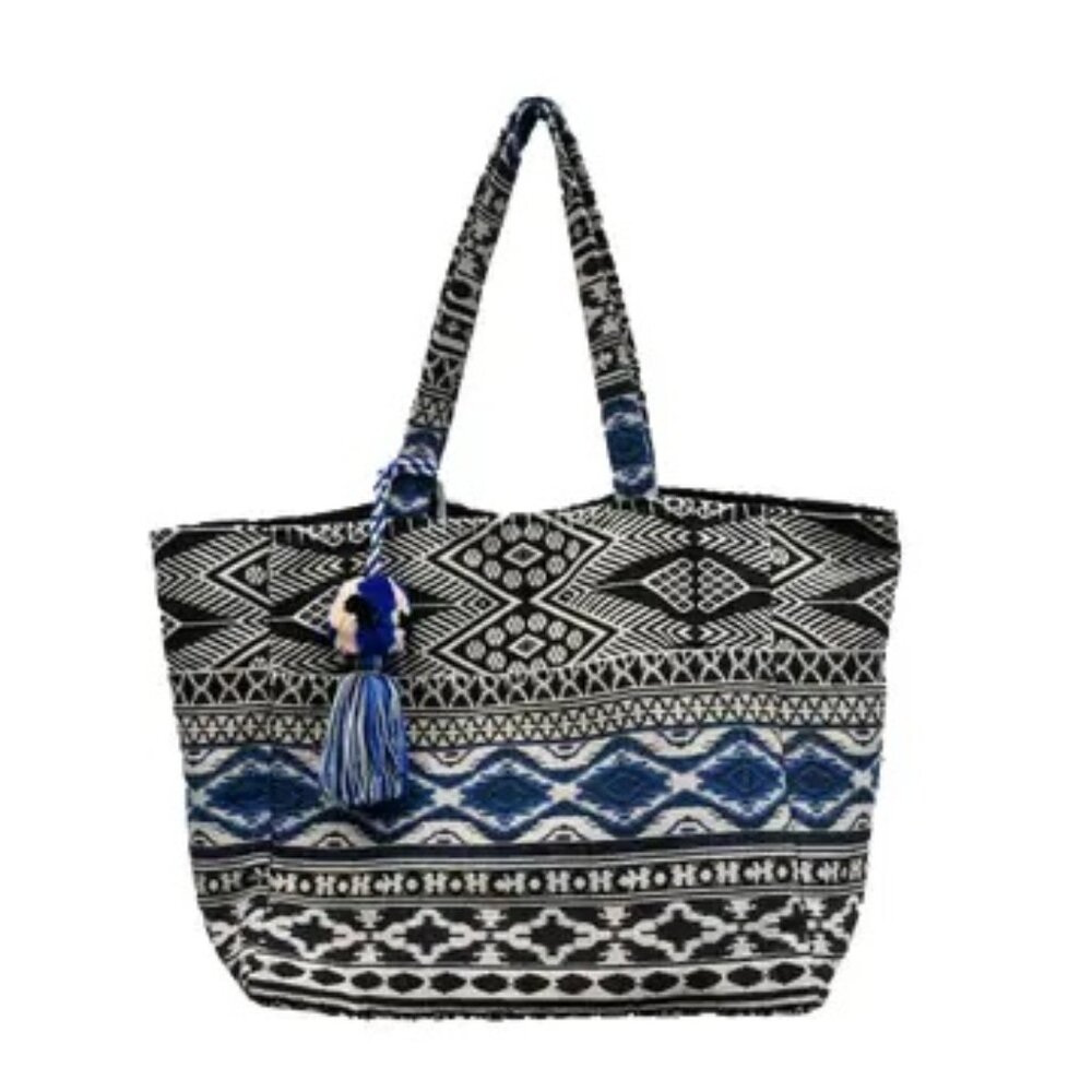 High-Quality Denim Stripes Fabric Women's Tote Bag w/ Tassel